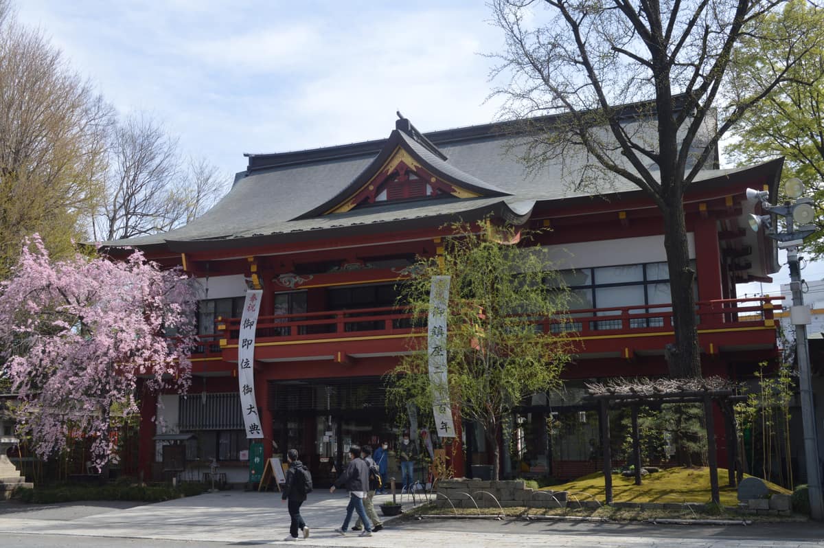 秩父神社正殿建築,朱紅色社殿與春季櫻花