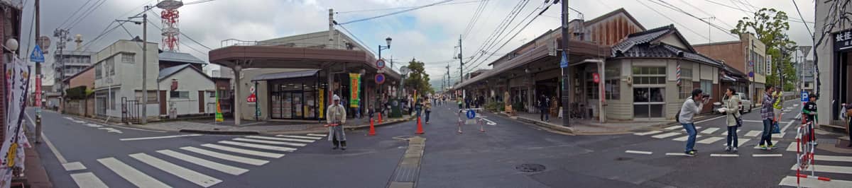 水木茂之路商店街全景,沿街店鋪與遠方妖怪主題招牌