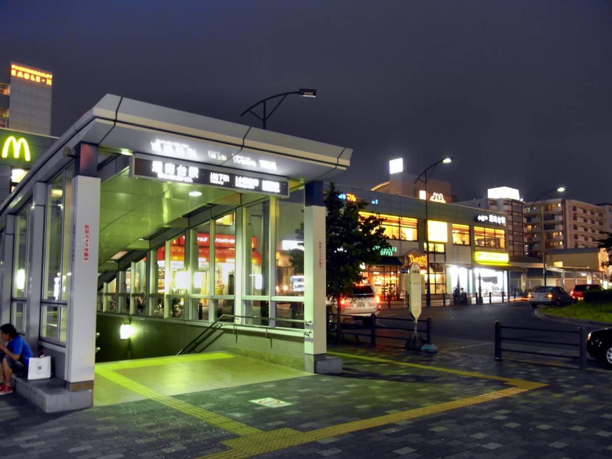 湘南台車站東口夜間外觀,站前商圈燈光與招牌