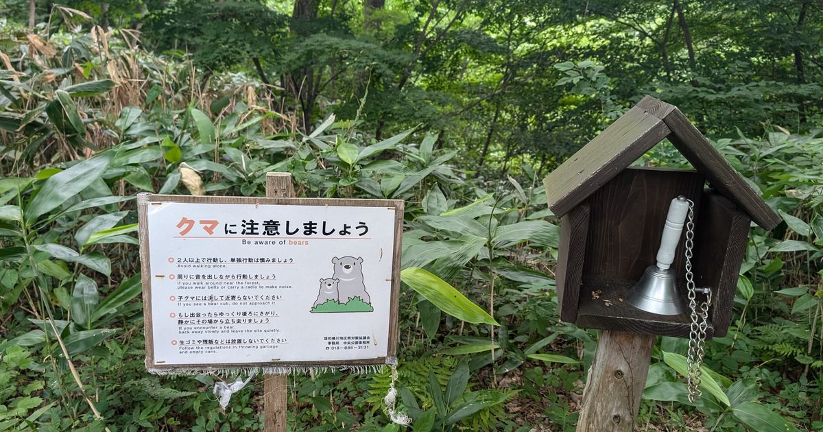 A bilingual Japanese and English roadside sign reading Be aware of bears at a forest edge near Akita, listing five rules including avoid walking alone and wear bells, beside a small wooden shelter holding a hand bell on a chain