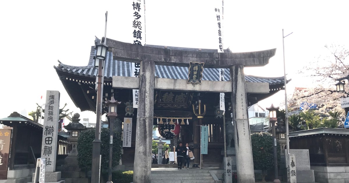 The stone torii of Kushida Shrine with its wooden two-storey gate behind, white banners either side reading Hakata Sochinju, a plaque reading Kushida-gu on the torii, and a cherry tree in blossom to the right