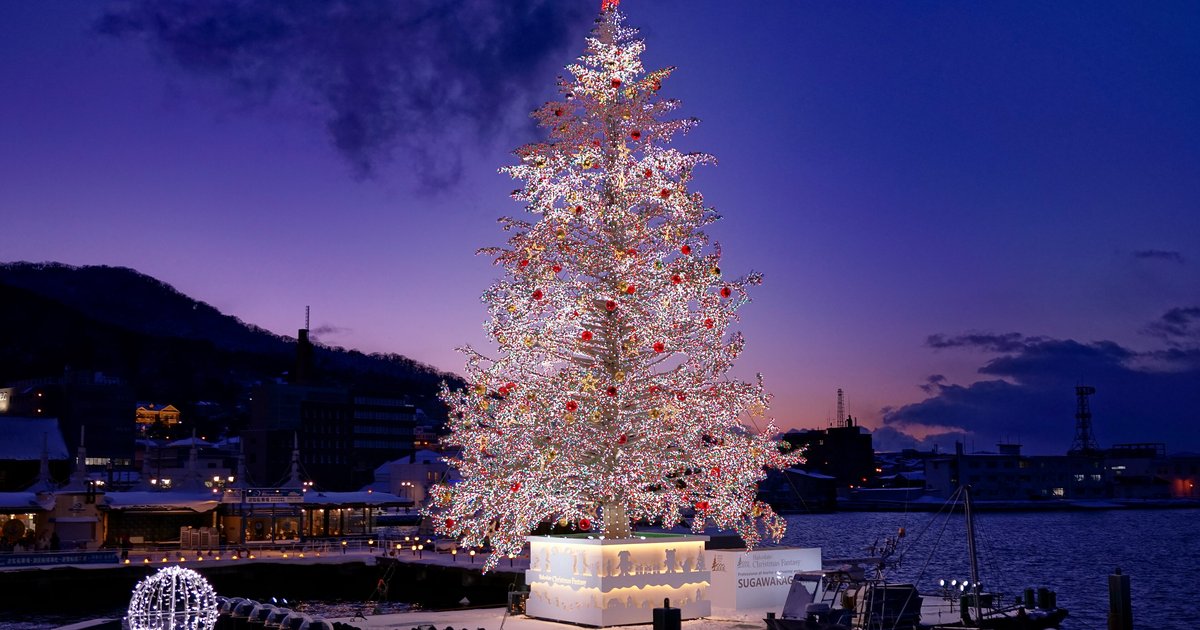 傍晚天空轉成紫藍色，函館灣區岸邊的海上平台立著一棵全身點滿白色燈泡的大聖誕樹，枝上掛著紅色與金色的球，樹頂一顆紅星，樹下是發白光的底座；左邊是覆雪的碼頭建築與山坡，右邊是暗色海面與停靠的小船，畫面裡沒有人