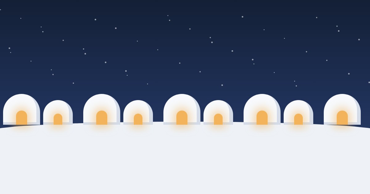 本站自製的插圖:深藍色的夜空飄著細雪,雪地上排著一列九座白色雪屋,每一座的門口都透出橘色的燈光;這不是實拍,會場的照片沒有可以使用的授權