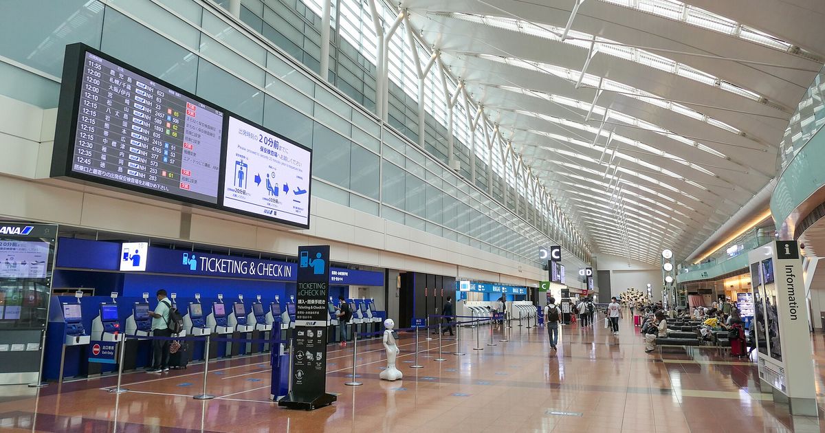 The ANA domestic departures floor at Haneda: a long row of blue self-service “Ticketing & Check In“ kiosks under a large board listing domestic services to Kagoshima, Sapporo, Osaka/Itami, Matsuyama and Miyako, with travellers wheeling bags through the skylit hall