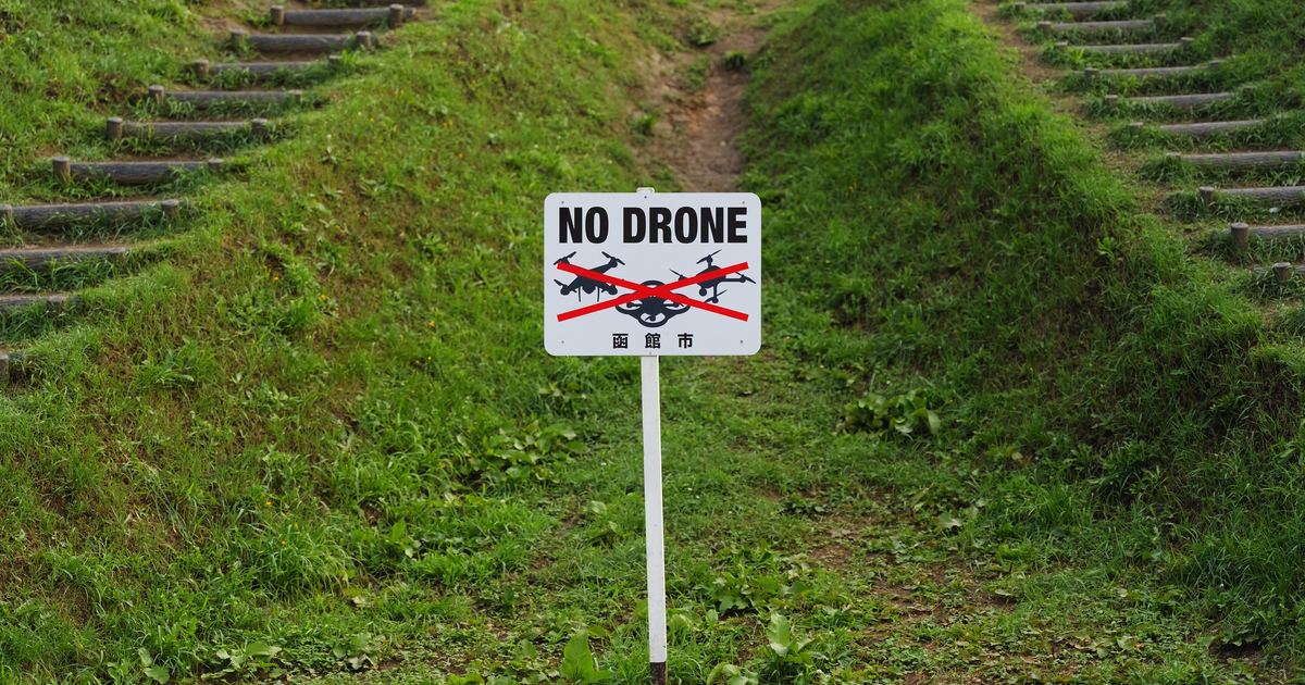 A white square notice board on a slim white post in the middle of a grass bank, reading NO DRONE in large black letters above two overlapping drone silhouettes struck through with a red cross, with the smaller line below reading Hakodate City in Japanese; timber-log steps climb the grass on both sides