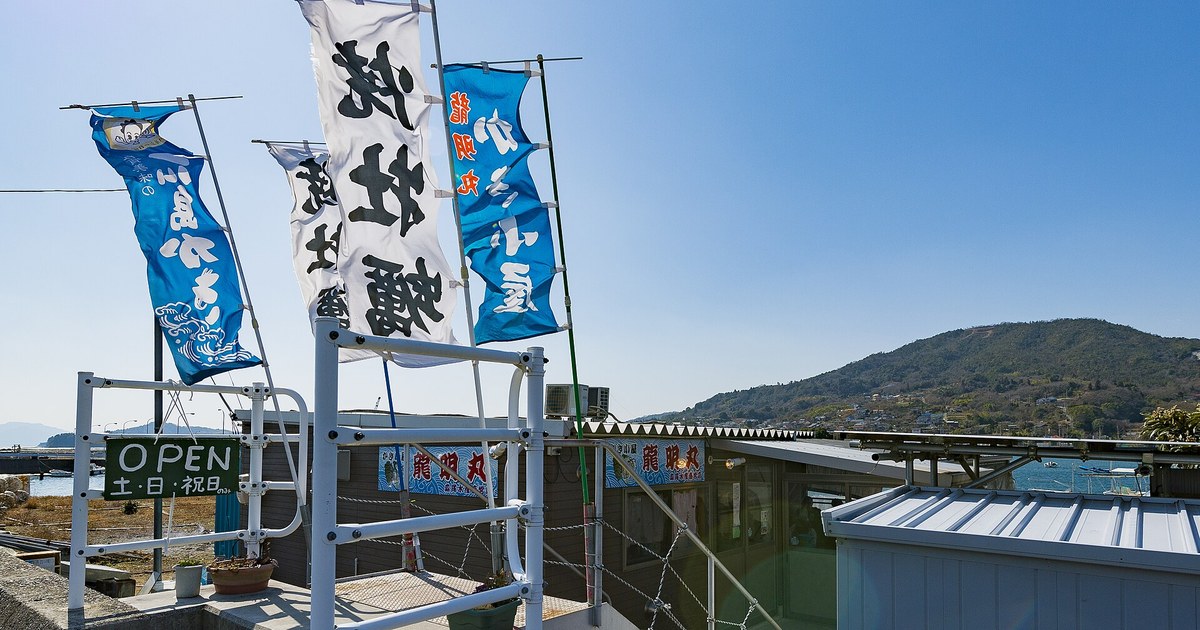 Four Japanese banner flags reading oyster and kaki-goya stand in front of a row of low sheds by the sea; a green board at lower left reads OPEN with Japanese text meaning Saturdays, Sundays and public holidays only, a blue sign on the shed reads kaki-goya Ryumeimaru, and the sea, fishing boats and a house-dotted hill fill the right of the frame