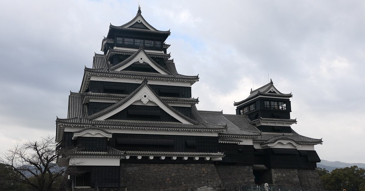 熊本城天守:左邊是黑牆白破風、層層屋簷的大天守,右邊是較矮的小天守,兩者都蓋在石垣上,陰天,左下角一棵落葉的樹