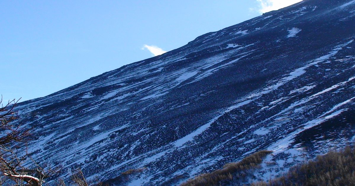 12 月從富士スバルライン五合目往上看的富士山山坡:深色火山礫上留著一道道斜向的積雪,左上是晴朗的藍天,左下角是落葉的枯枝