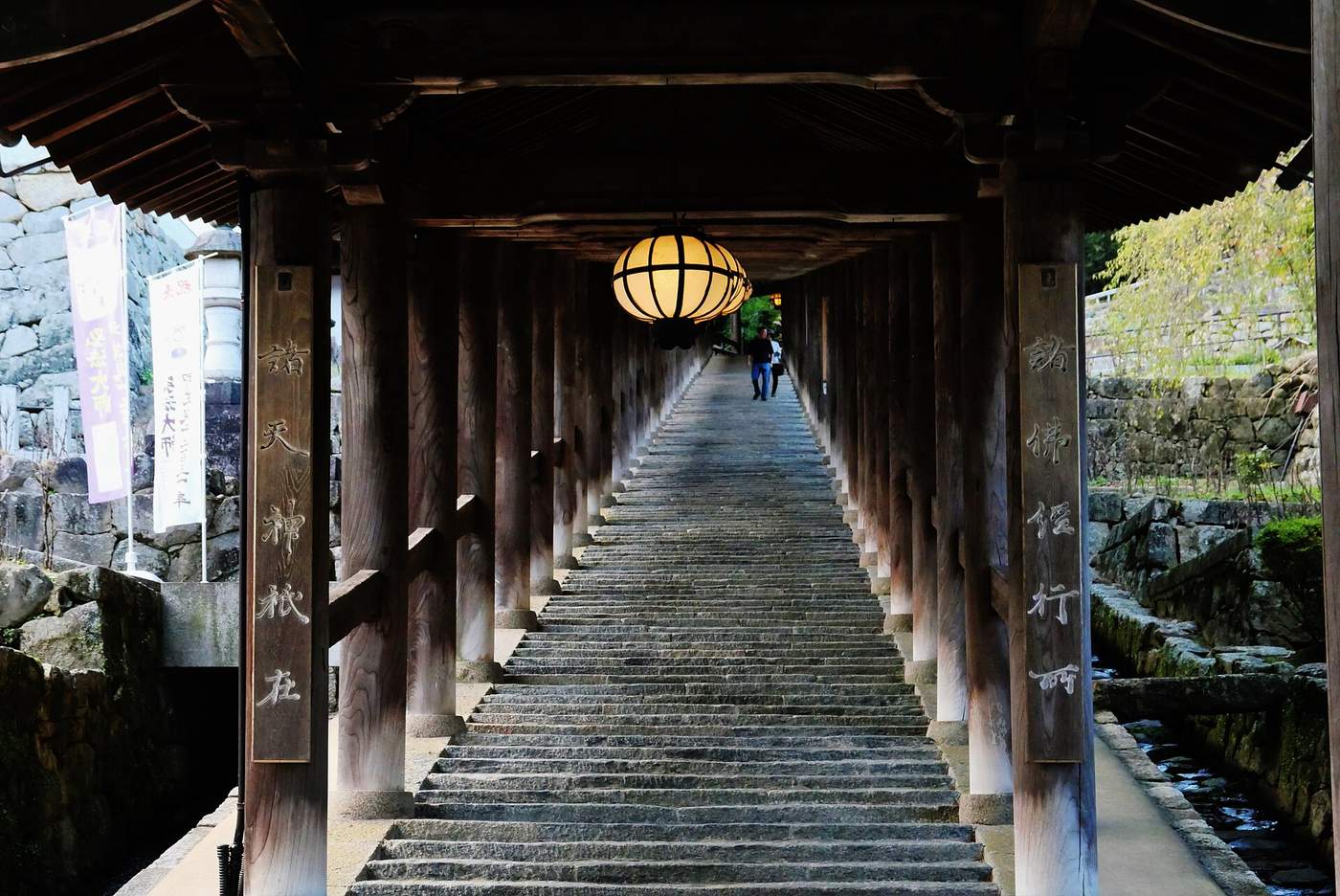 奈良長谷寺登廊 399 段石階與兩側牡丹、遠處國寶本堂舞台(示意)