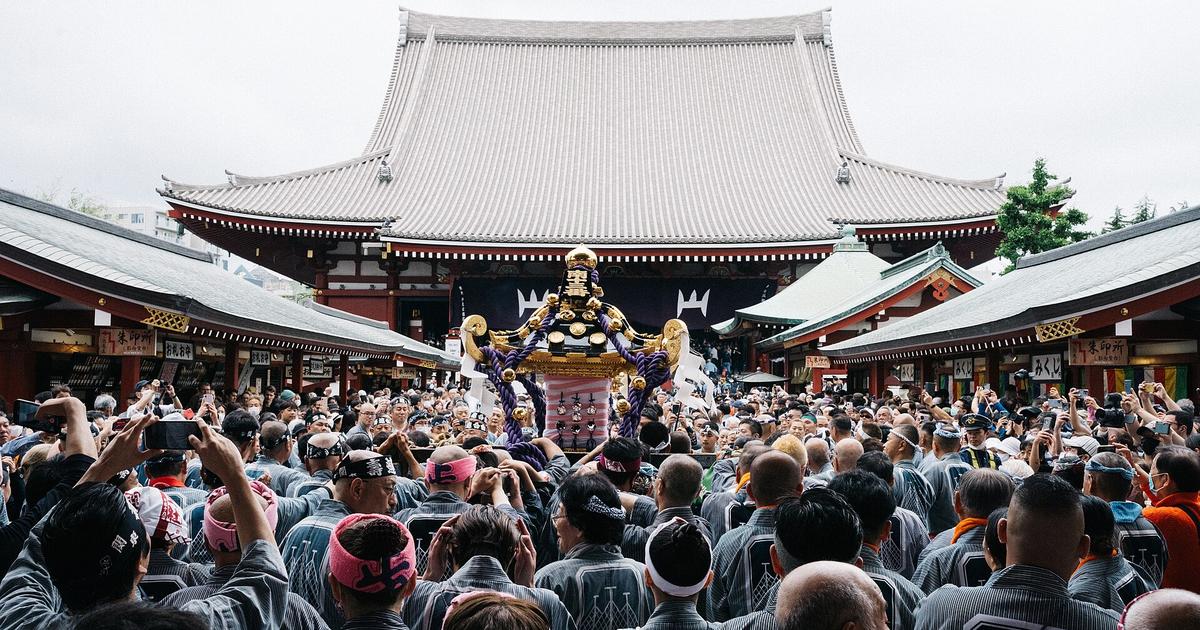 淺草三社祭：一座金色神輿被穿半纏的人群扛在淺草寺本堂正前方，前景是一整片背對鏡頭的抬手與舉著手機的人