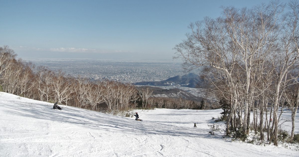 A groomed run at Sapporo Teine dropping away between birch trees, with the Sapporo cityscape and the Ishikari Plain spread to the horizon below