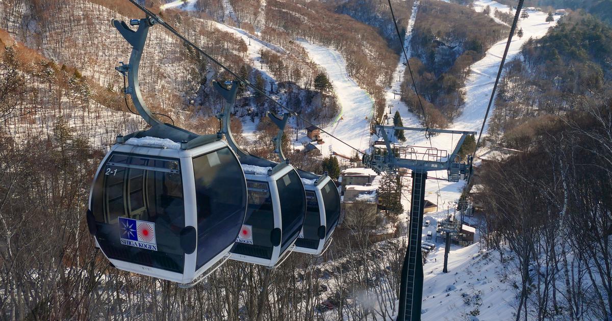 志賀高原的纜車廂（車廂上印 SHIGA KOGEN 標誌）沿鋼索往下，下方是積雪的山谷與幾條穿過落葉林的雪道