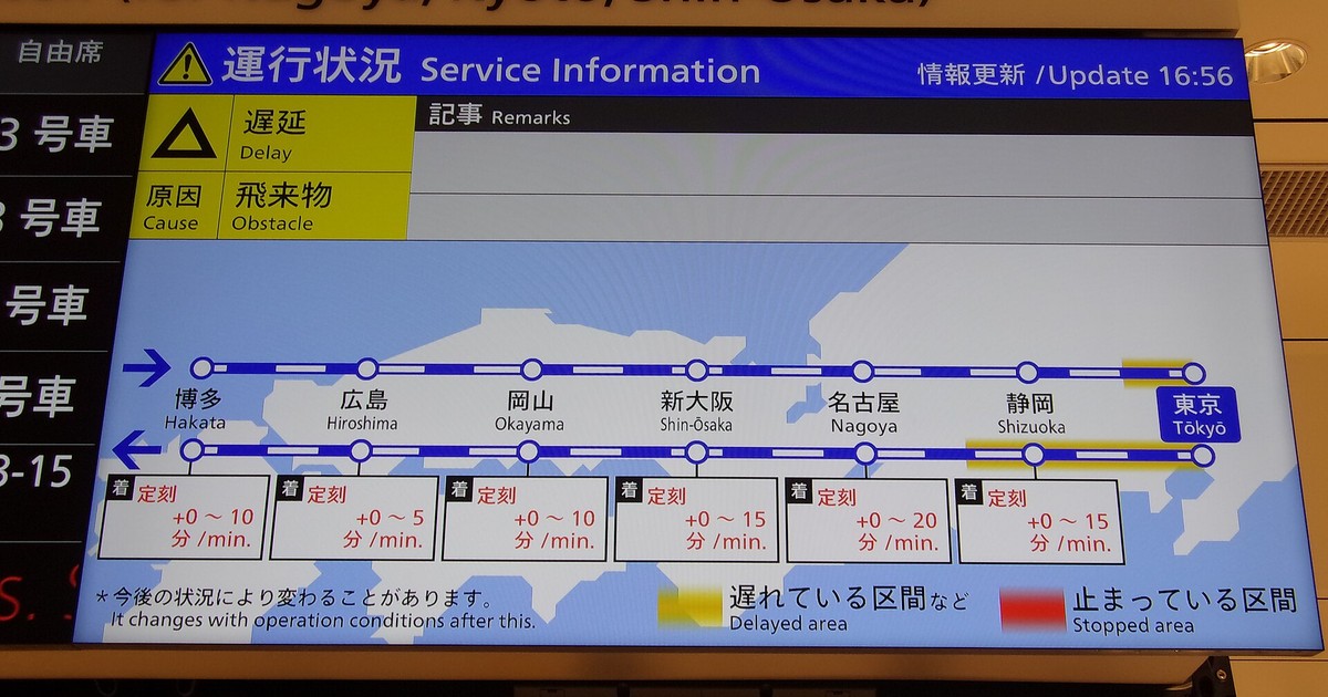 A shinkansen station service information board flagging a delay caused by an obstacle on the line, with per-section delay ranges of up to 20 minutes marked between Hakata and Tokyo