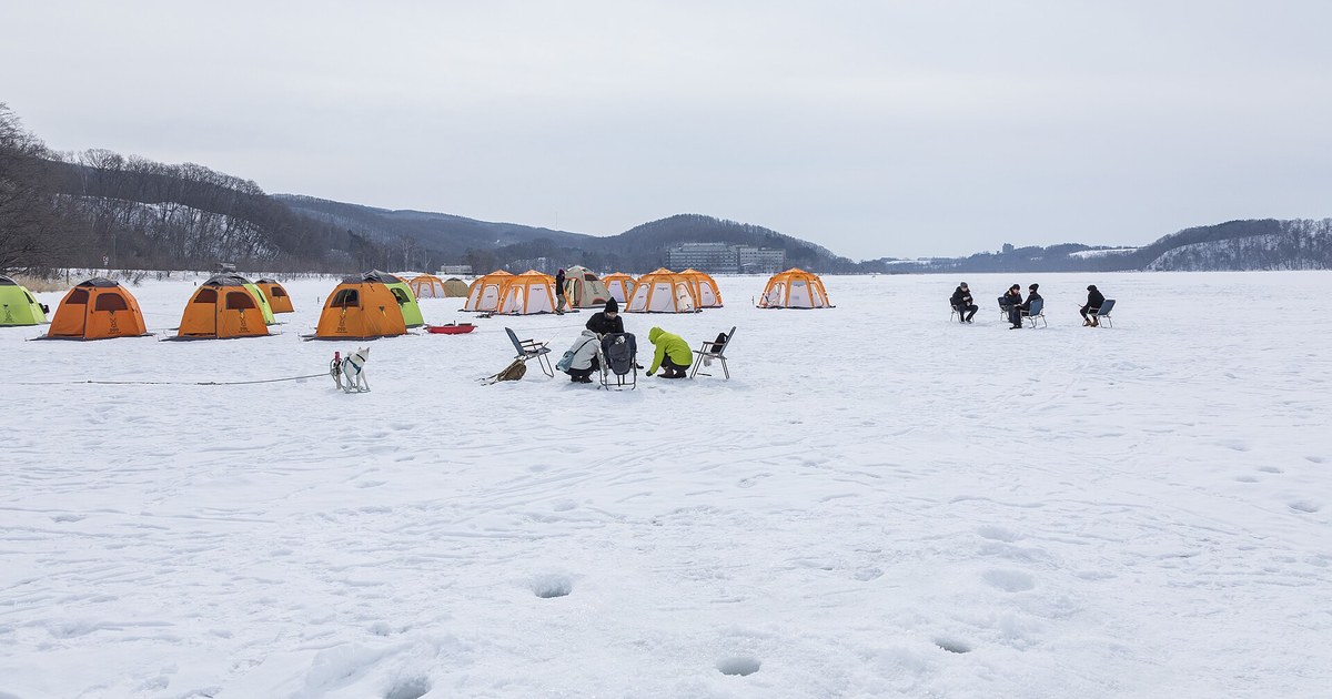 A frozen lake with a row of orange and green fishing tents pitched on the ice, anglers sitting on folding chairs beside them, a second group sitting in a line on open ice with no tent at all, a dog in a red and white harness in the left foreground, and snow-covered hills with buildings in the distance