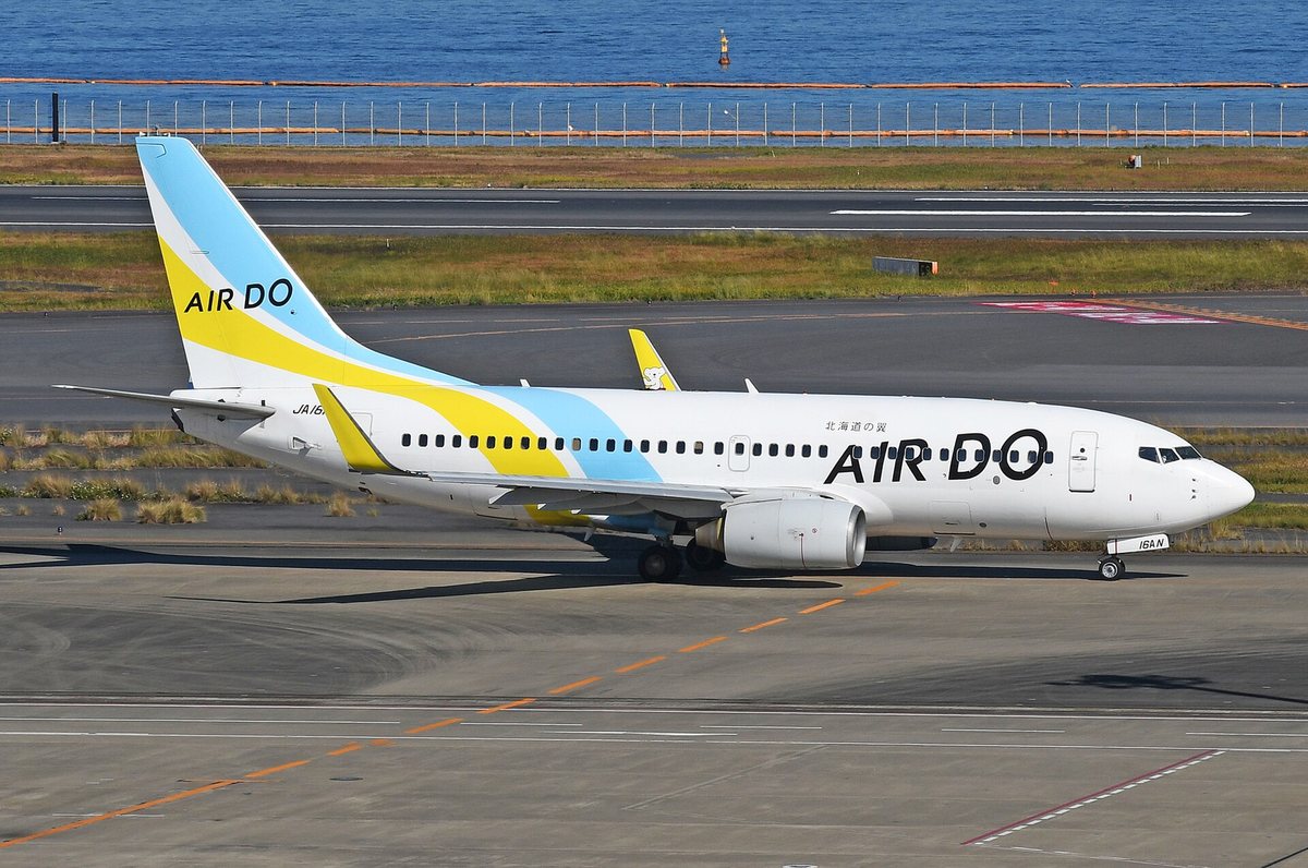 An AIRDO Boeing 737-700 taxiing at Haneda, white fuselage with a diagonal yellow and pale-blue sash, black AIR DO titles under the small Japanese line 北海道の翼, a white bear painted on the winglet, Tokyo Bay behind