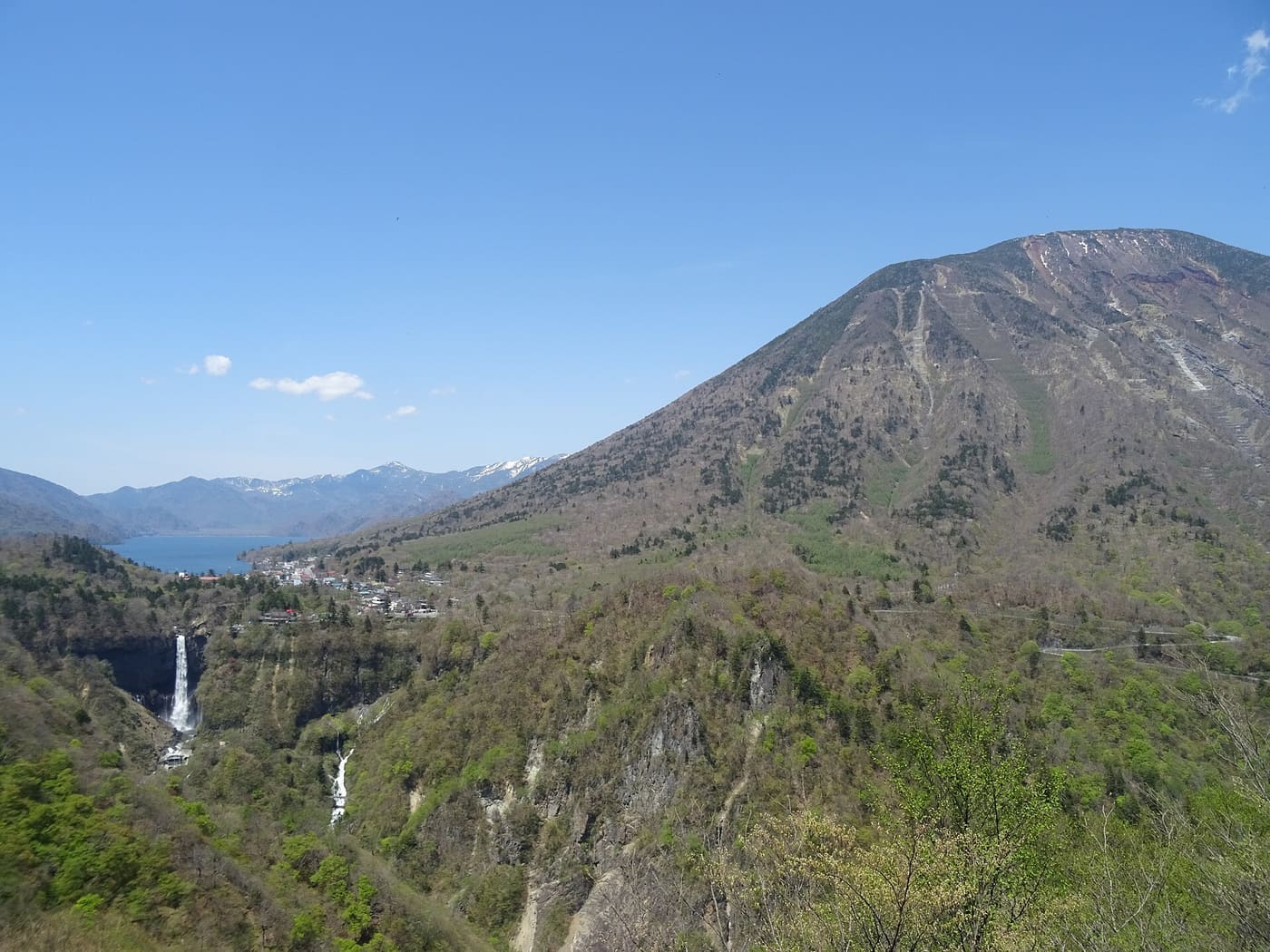 Panorama from the Akechidaira observatory taking in Lake Chuzenji, Mount Nantai and Kegon Falls in a single frame