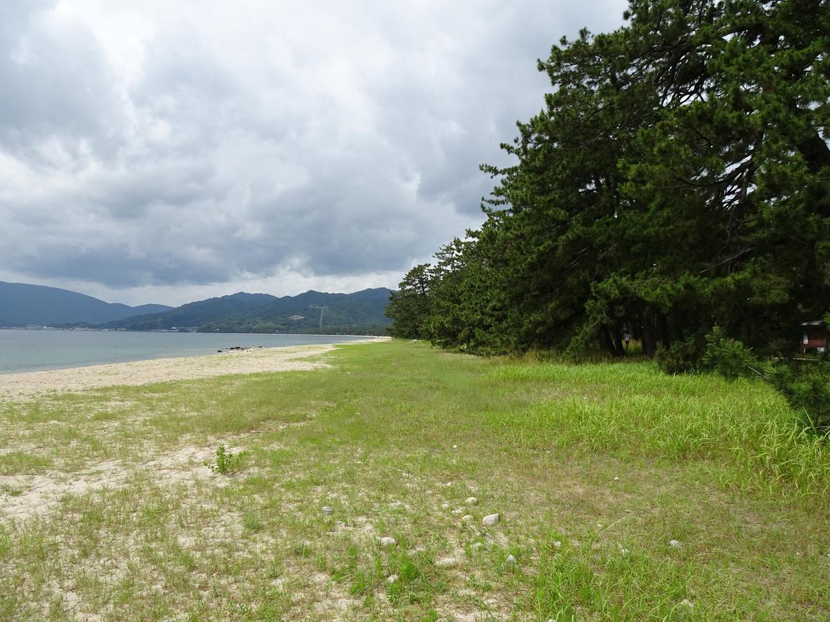 Ground-level view along the Amanohashidate sandbar, sand and sea on the left, a line of pine trees and grass on the right, under a cloudy sky