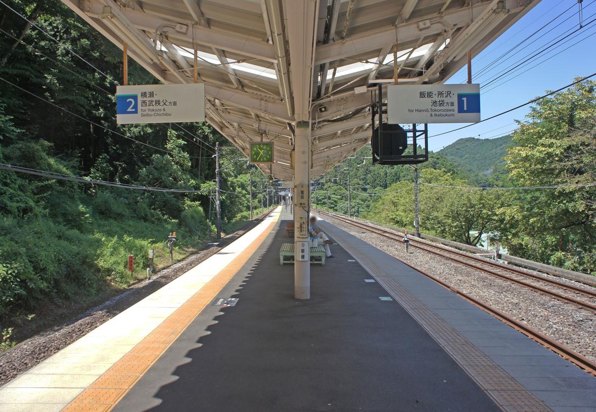 夏天的芦ヶ久保站月台:中央一座島式月台,屋簷下左邊掛著「2 横瀬・西武秩父方面」、右邊掛著「1 飯能・所沢・池袋方面」的方向牌,兩側是鐵軌與綠色山林
