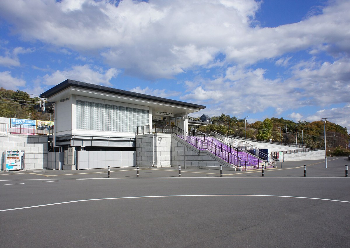 Exterior of JR Ryomo Line Ashikaga Flower Park Station, a white elevated station building with its nameboard, and a staircase painted in purple wisteria colours