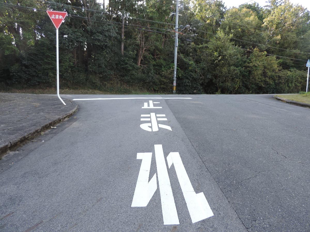A small residential junction in Japan: the characters 止 ま れ painted in large white letters on the asphalt, a white stop line across the road ahead of them, a red inverted-triangle 止まれ sign on a pole at the left kerb, and dense woodland on the far side of the junction