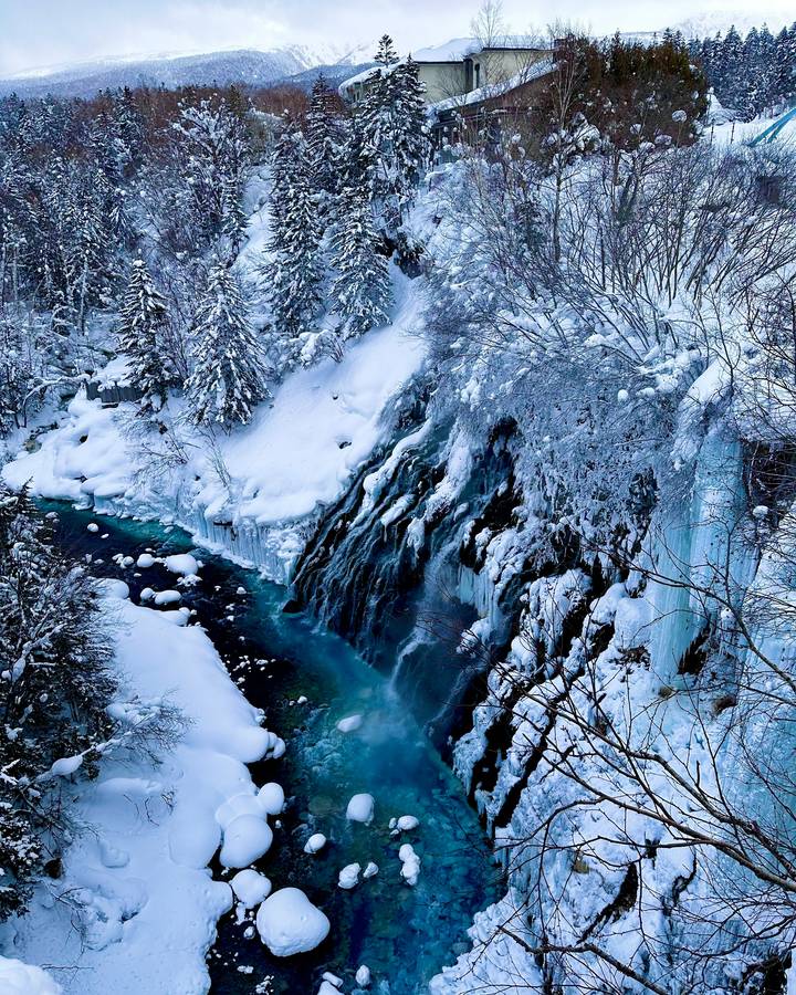 冬天白天從橋上往下看白鬚瀑布：右側岩壁掛滿冰柱與積雪，瀑布從岩縫流進底下藍綠色的美瑛川，河裡的石頭頂著圓圓的積雪，上方可以看到溫泉旅館的建築