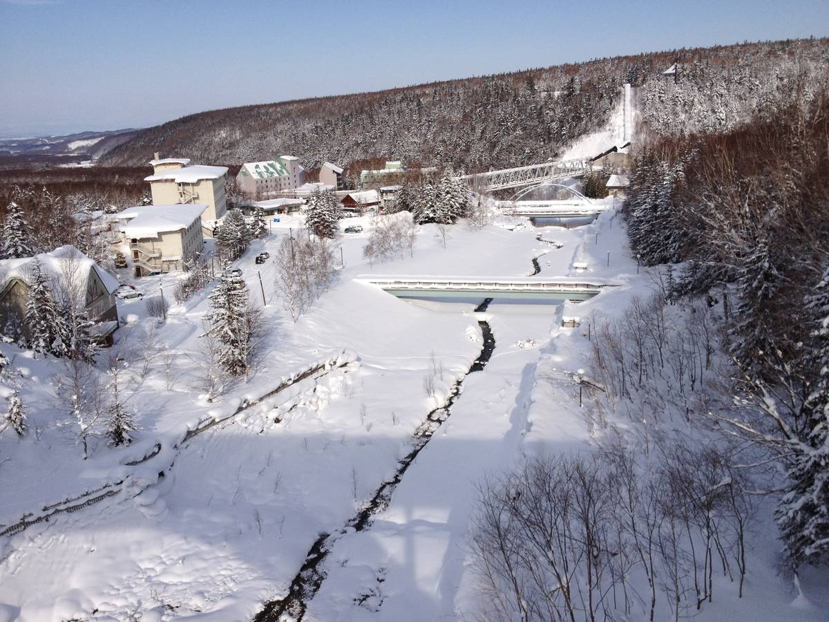 一月晴天從高處看白金溫泉：積雪的山谷裡只有幾棟旅館建築，中間一條小溪流過雪地，後方有拱橋和鋼構橋，山坡上是覆雪的樹林