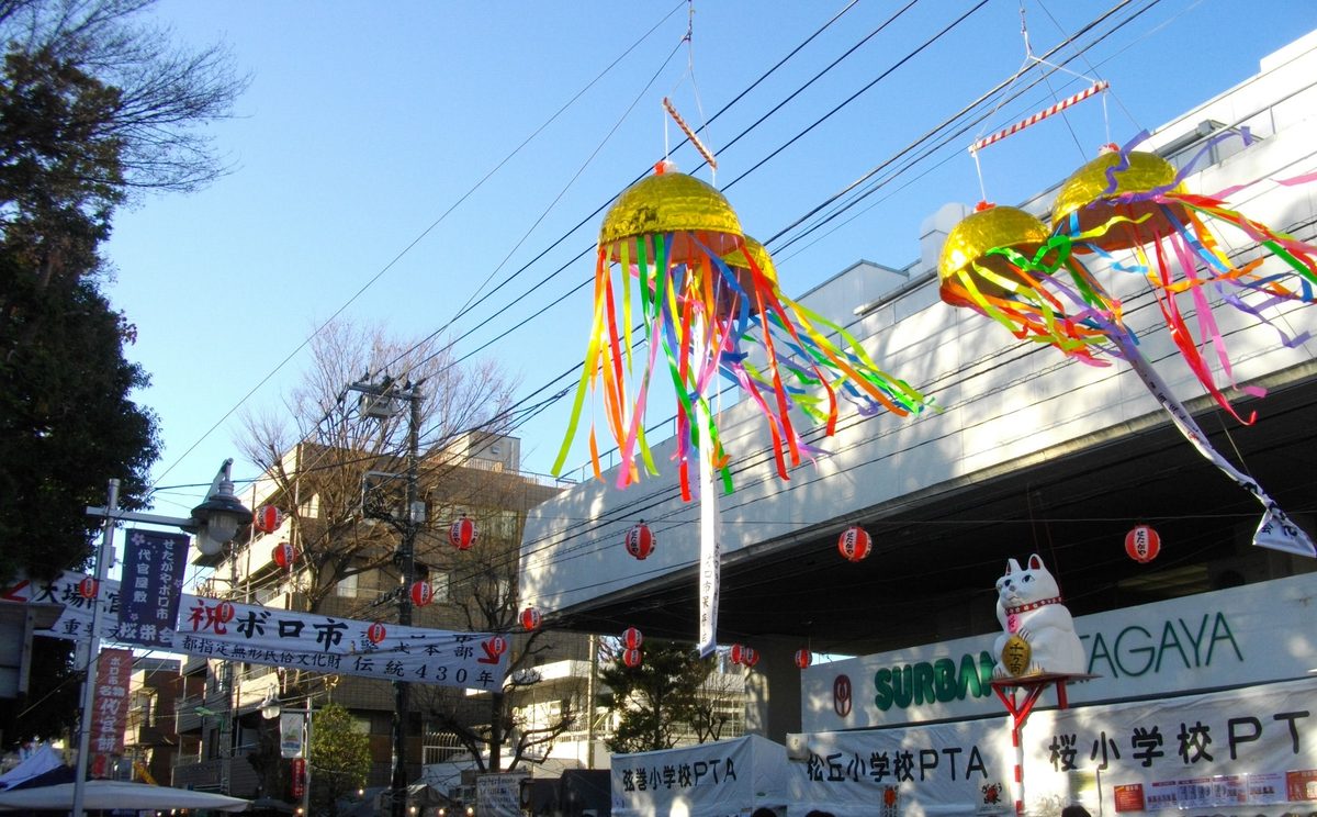 2012 年 12 月世田谷舊貨市集的ボロ市通り上空:兩組打開的金色彩球垂著彩色紙帶,電線上掛著成排紅燈籠,左側橫掛寫著「祝 ボロ市」的白布條,右下是高架橋下的白色帳篷與一尊招財貓擺飾