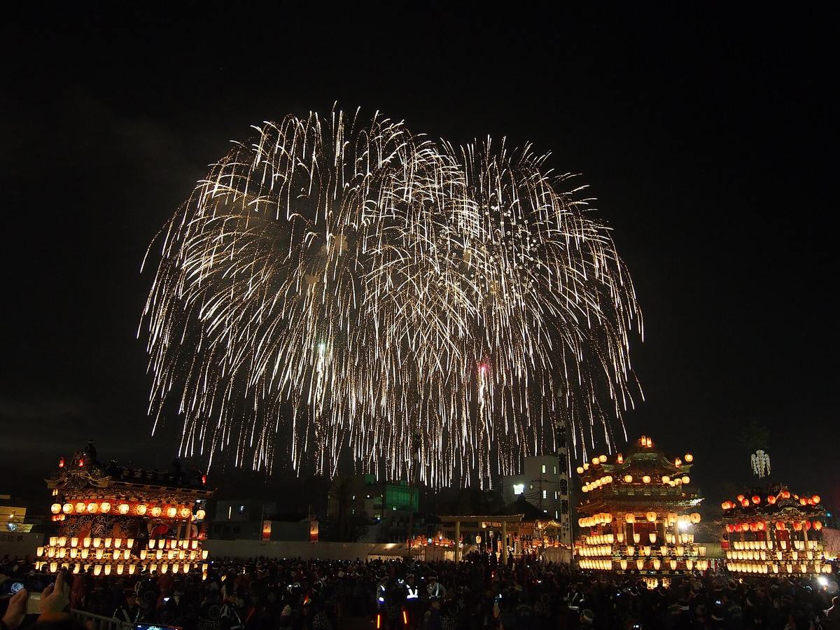 秩父的夜空中一發大型煙火炸開成金色柳枝狀垂落,佔滿畫面上半部;下方停著三座掛滿提灯的屋台,中間隔著一座鳥居與幾棟民宅屋頂,最前方是密密麻麻舉著手機拍照的人群
