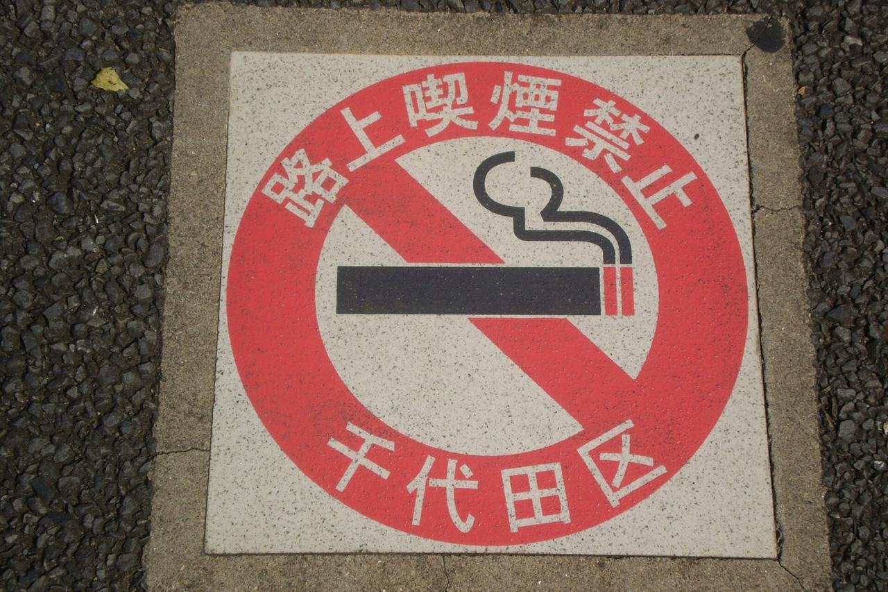 A no-smoking plate set into a Chiyoda pavement, a red circle around a crossed-out cigarette with the words street smoking prohibited and Chiyoda City