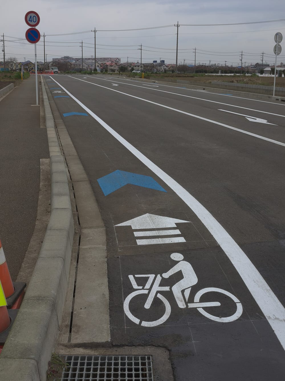Japanese road markings at the left kerb: a white bicycle pictogram beside a forward arrow with three chevron bars, leading into a blue chevron arrow, all painted inside the white edge line, while the white lane arrow on the far carriageway points the opposite way