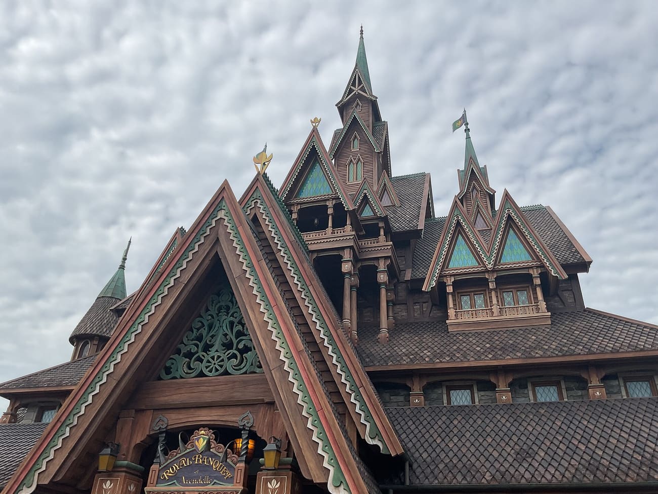 Timber roofs and spires of the Arendelle building inside Fantasy Springs at Tokyo DisneySea