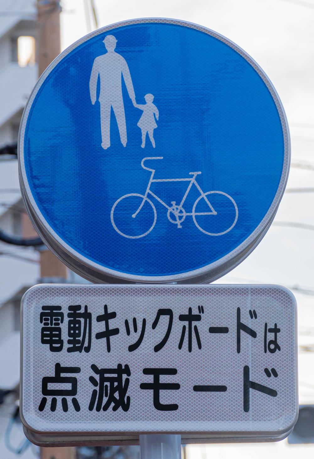 Looking up at two plates on a post: above, a round blue sign showing an adult holding a child's hand over a side view of a bicycle; below it, a rectangular white supplementary plate carrying two lines of large black Japanese characters stating that electric kick scooters must be in flashing mode