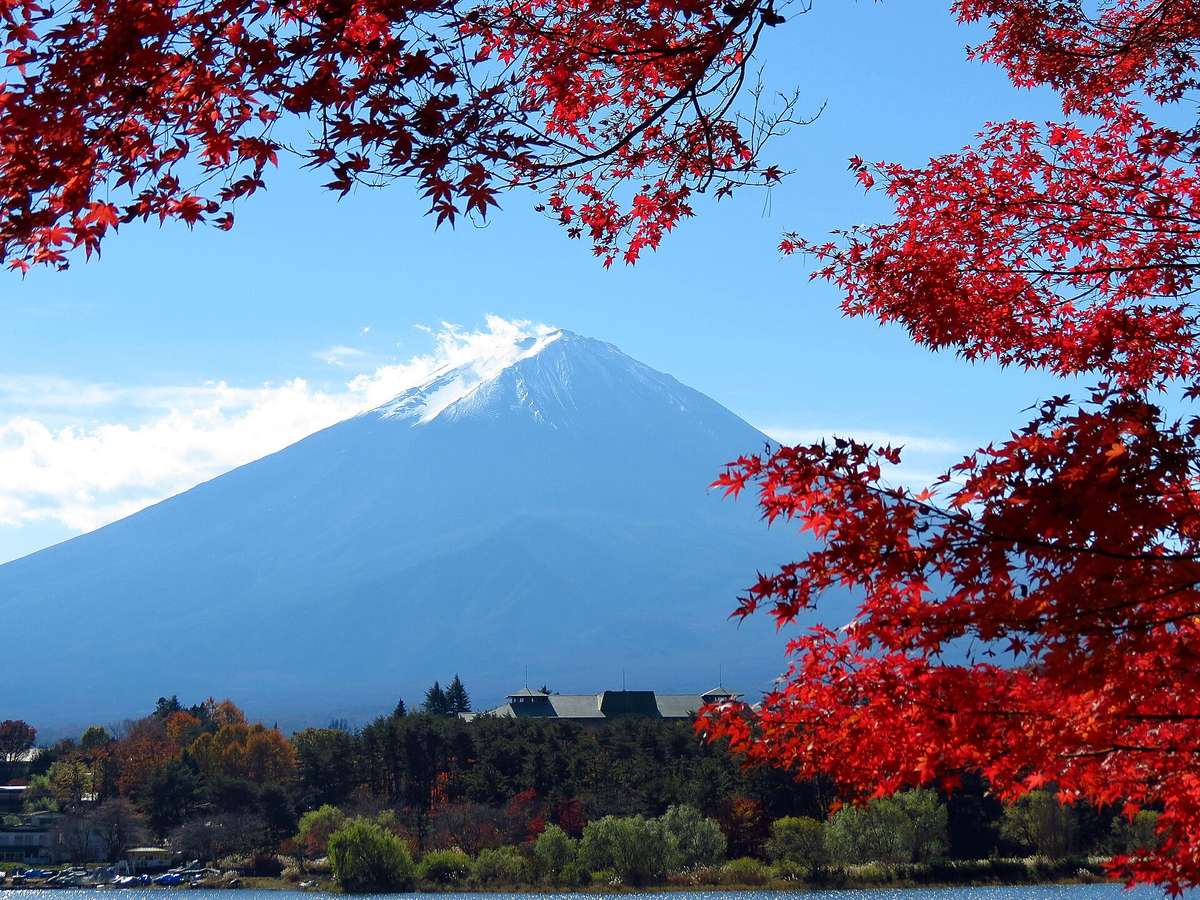 從河口湖北岸隔著湖看富士山:畫面上緣與右側是鮮紅的楓葉,富士山只有山頂一小截是白的,山頂旁有一片白雲,山腳是湖岸的樹林與一棟大屋頂建築