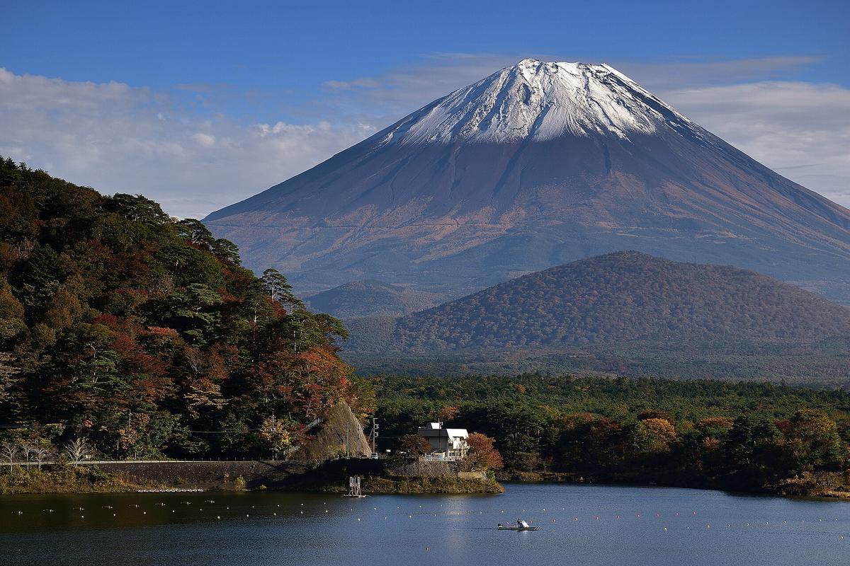 晴天從精進湖看富士山:山頂一截覆著白雪,山腰以下是沒有雪的褐色山坡,前面一座圓形小山,湖岸的樹林轉成紅褐色,湖面上有一艘小船