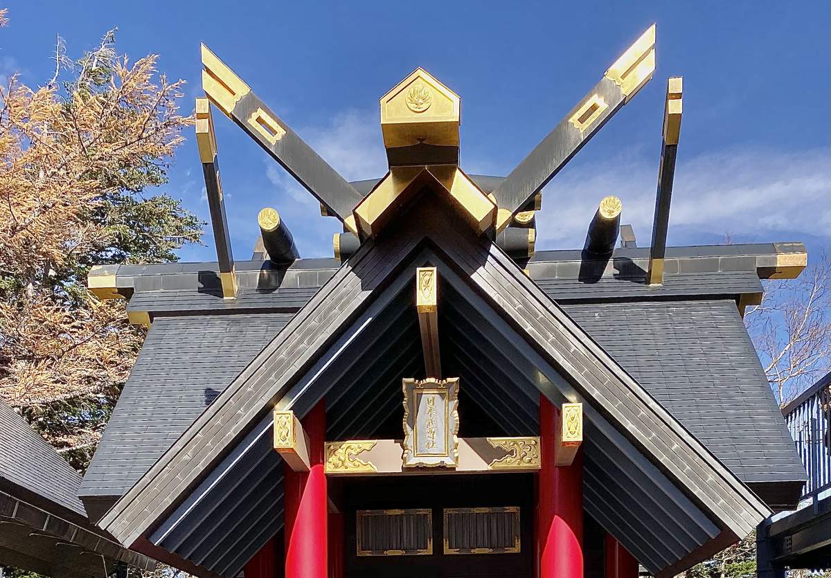 冨士山小御嶽神社的本殿屋頂:黑色屋瓦,屋脊上金色的千木與鰹木交叉伸向藍天,正面掛著金框的神額,下方是紅色柱子;左邊一棵轉黃的落葉松