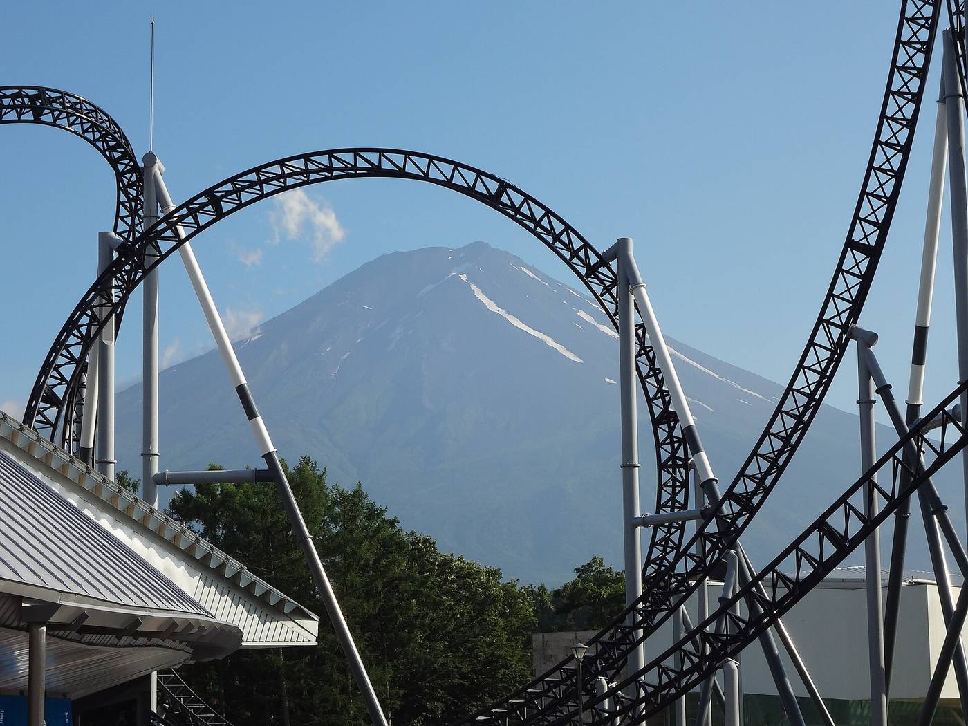 高飛車軌道迴圈剛好把富士山框在圓心的構圖