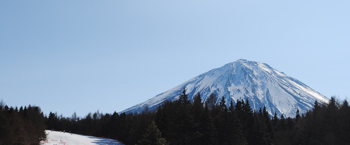 淡藍色晴空下的富士山,山頂與山腰覆雪、露出深色岩脊,山腳被一整排深色針葉林擋住,左下角露出一小段白色雪道與幾個極小的人影;2009 年 3 月 30 日攝於富士天滑雪場