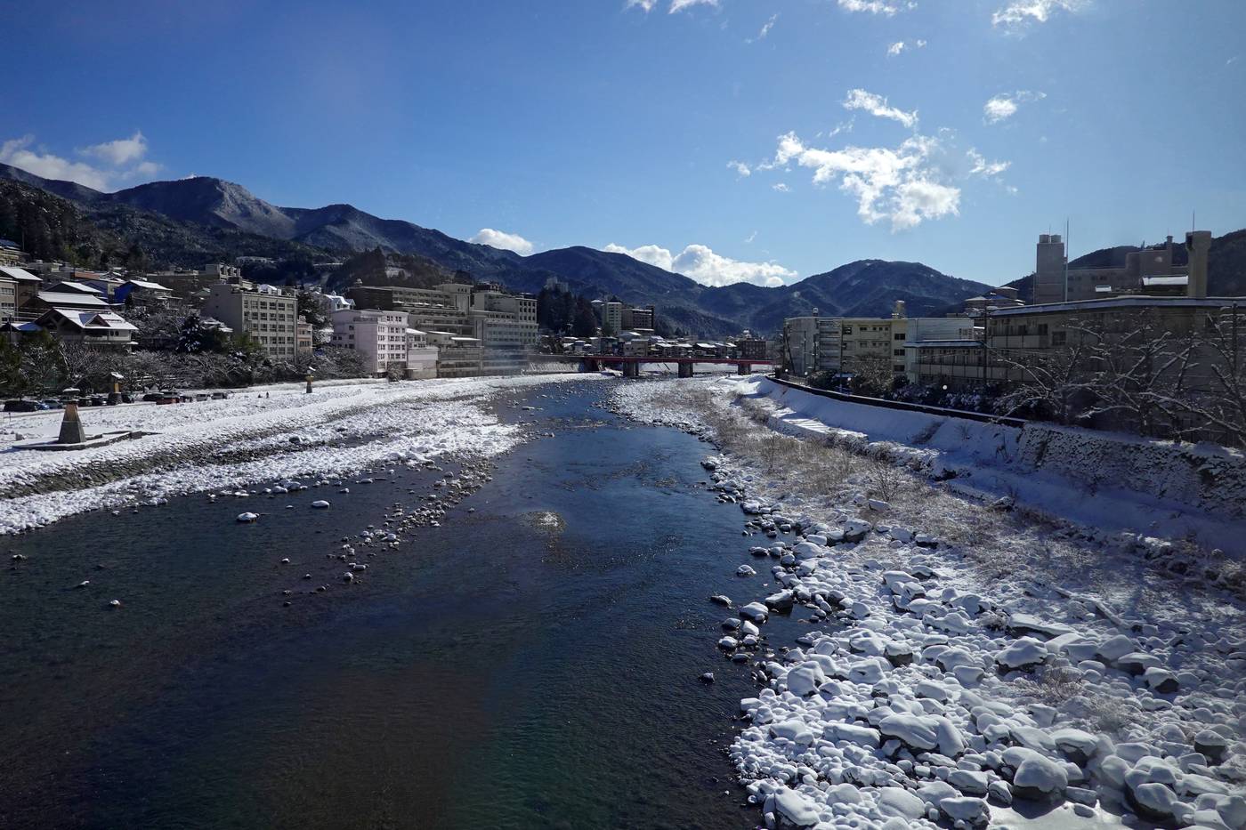 下過雪的晴天,下呂溫泉街的飛驒川:兩岸河灘的石頭積著白雪,左岸是一排溫泉旅館與停著車的河岸,遠處有紅色的橋和山