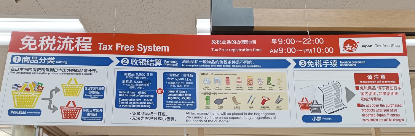 A trilingual Tax Free System banner hanging from the ceiling of a Japanese mall, with the official Japan. Tax-free Shop cherry-blossom mark and the 5,500 yen threshold