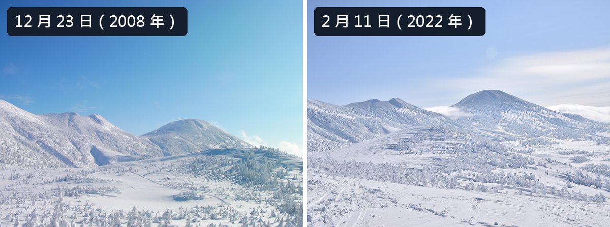 兩張照片並排,都是從八甲田山頂公園站一帶往東南看赤倉岳、井戸岳與大岳:左邊 12 月 23 日(2008 年)前景的樹細細的、還看得到深綠色枝葉;右邊 2 月 11 日(2022 年)前景的樹已經被冰雪包成一團團白色