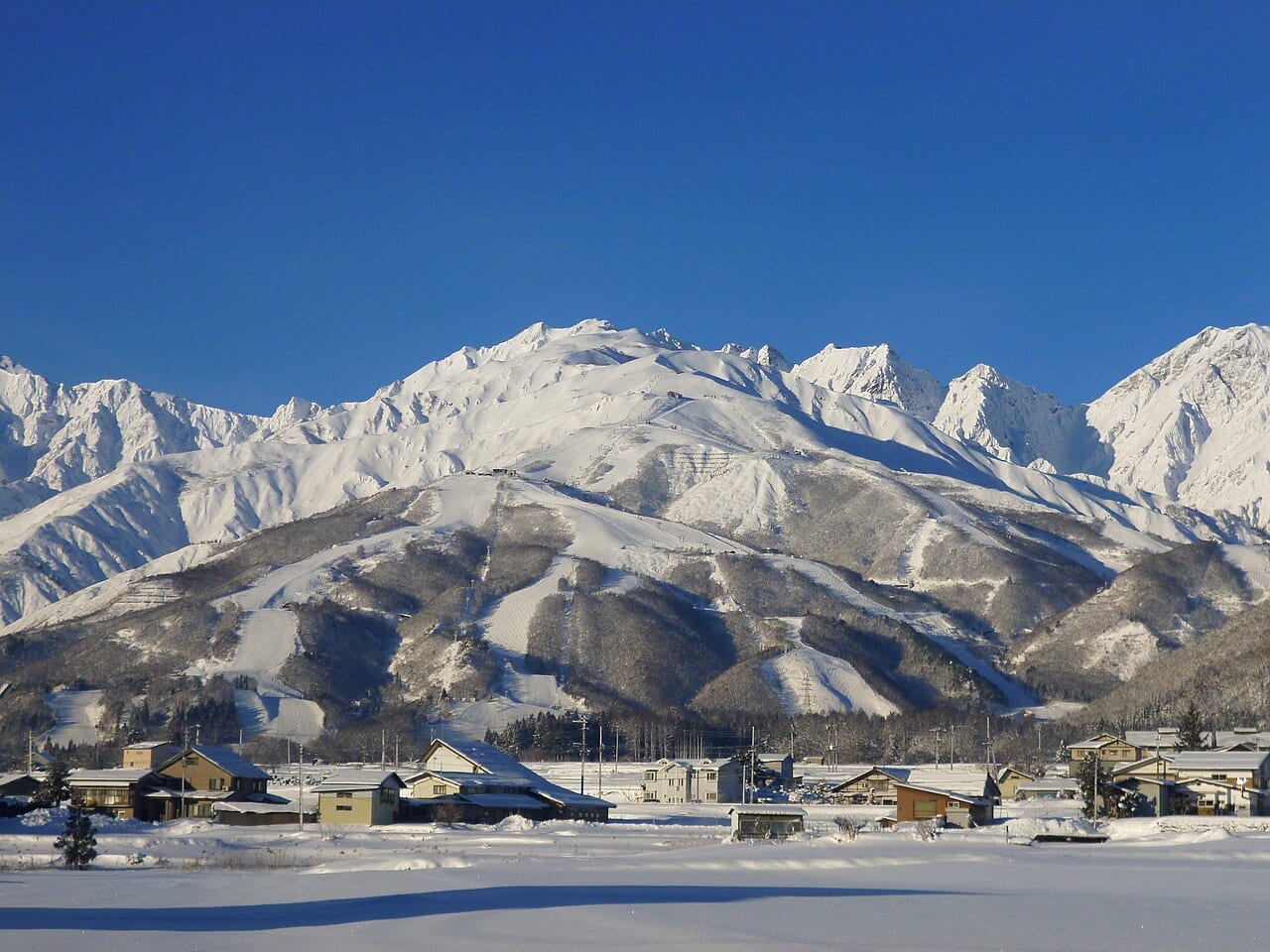 白馬八方尾根雪場滑道與後方白馬連峰