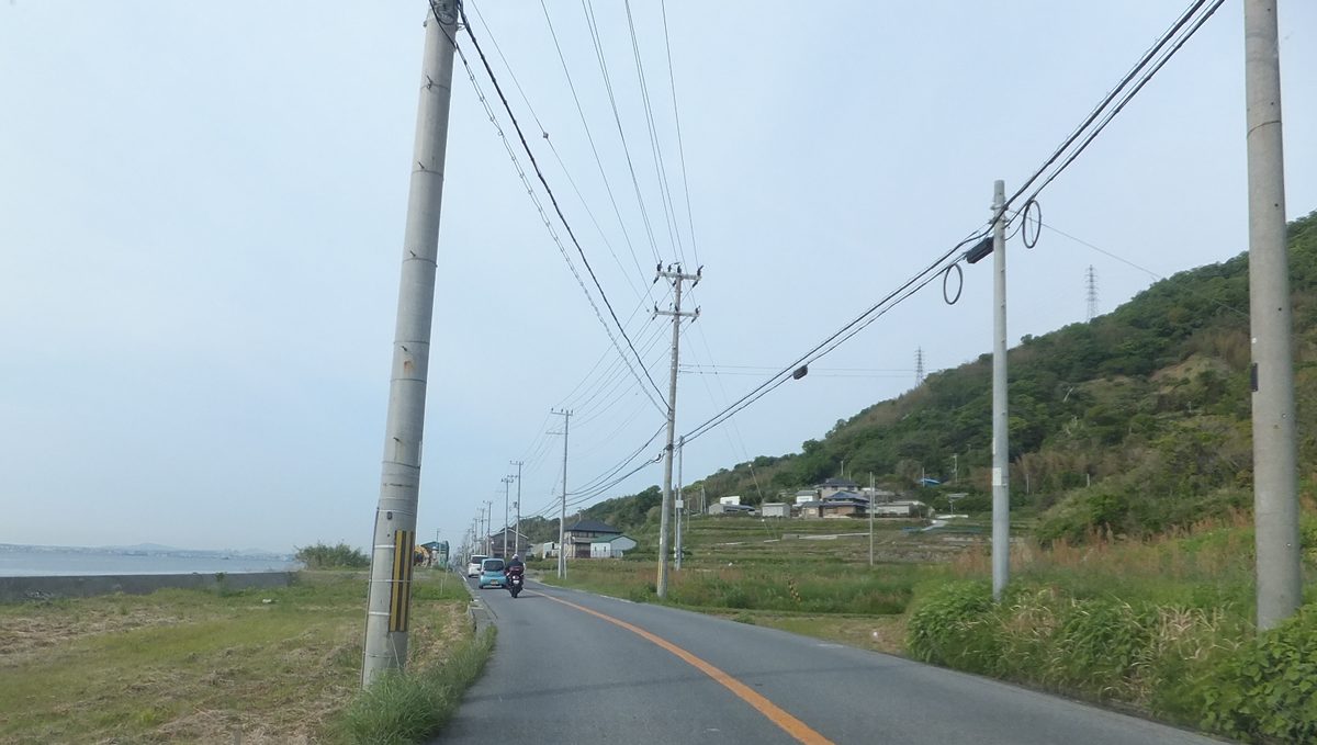 淡路島西岸一條雙線柏油路,路中間是橘色分隔線,左邊是長草的空地和遠處淺灰色的海,右邊是長滿樹的山坡和幾戶民家,路旁一排電線桿,遠處有一台機車迎面騎來