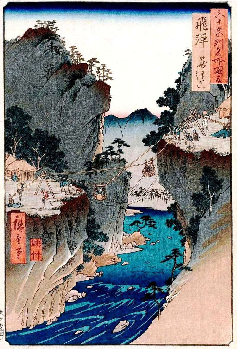 Utagawa Hiroshige's 1853 woodblock print Hida Province: Basket Ferry, showing travellers crossing a gorge in a rope-hung basket