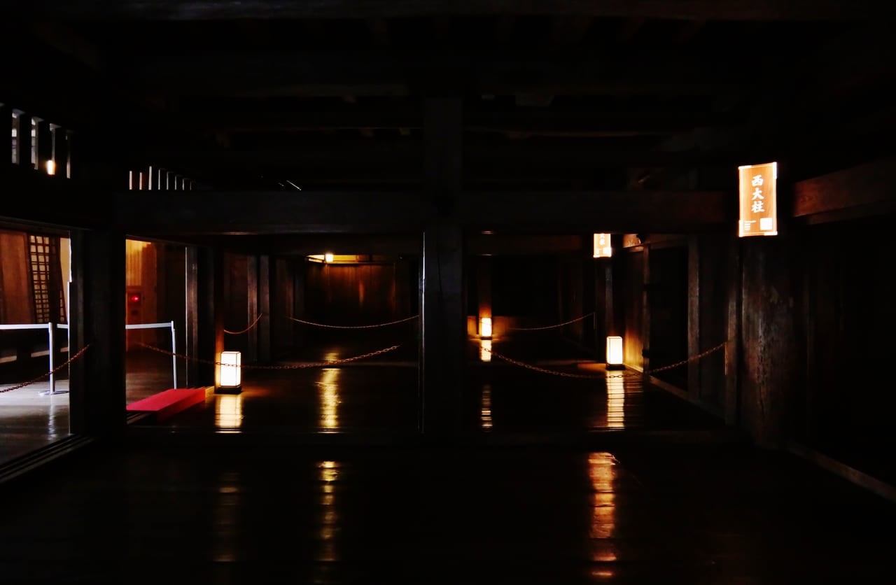 The wooden interior structure of the Himeji Castle keep with posts and beams