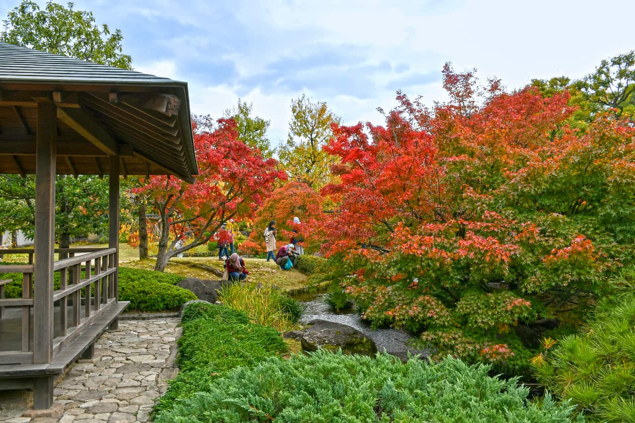 The pond and landscaped scenery of Koko-en garden in Himeji