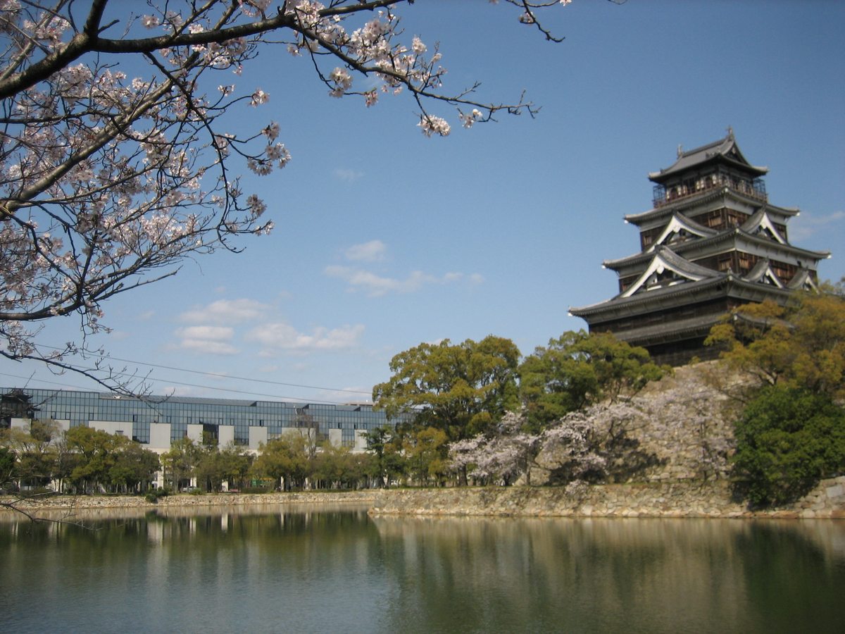 2007 年 4 月隔著護城河看廣島城天守:五層的黑色木板外牆天守立在右側石垣上,石垣下有幾棵開花的櫻花,左上角垂著前景的櫻花枝條,左後方是一棟玻璃外牆的長形建築