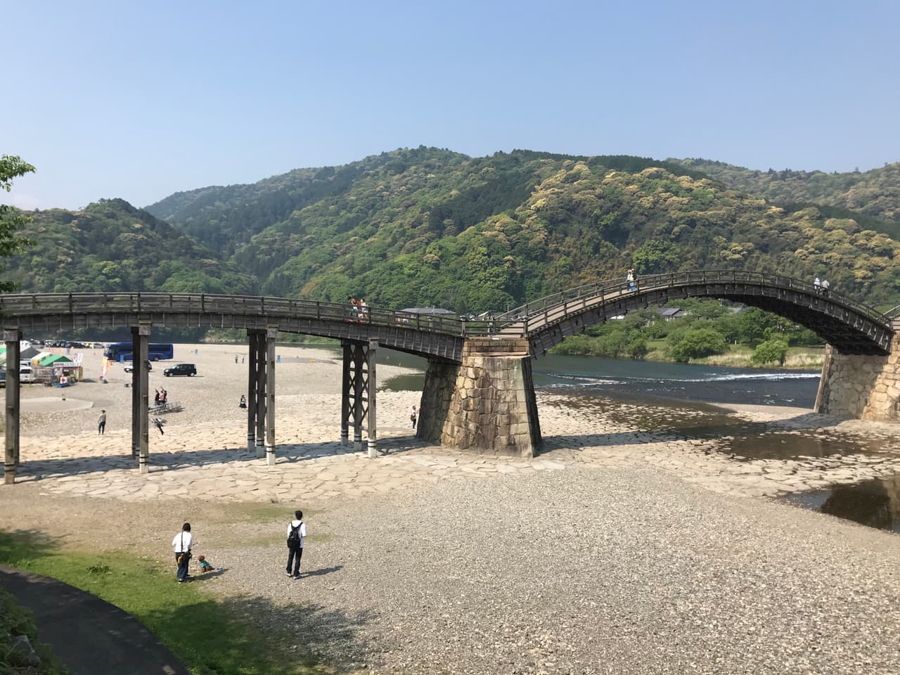 The five wooden arches of Kintaikyo Bridge spanning the Nishiki River in Iwakuni