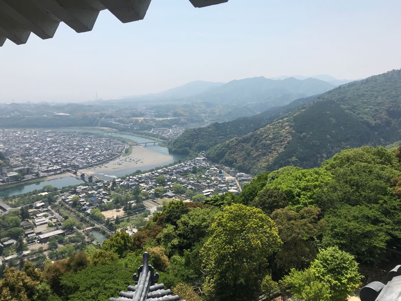 The view down from Iwakuni Castle keep over Kintaikyo Bridge and the Nishiki River