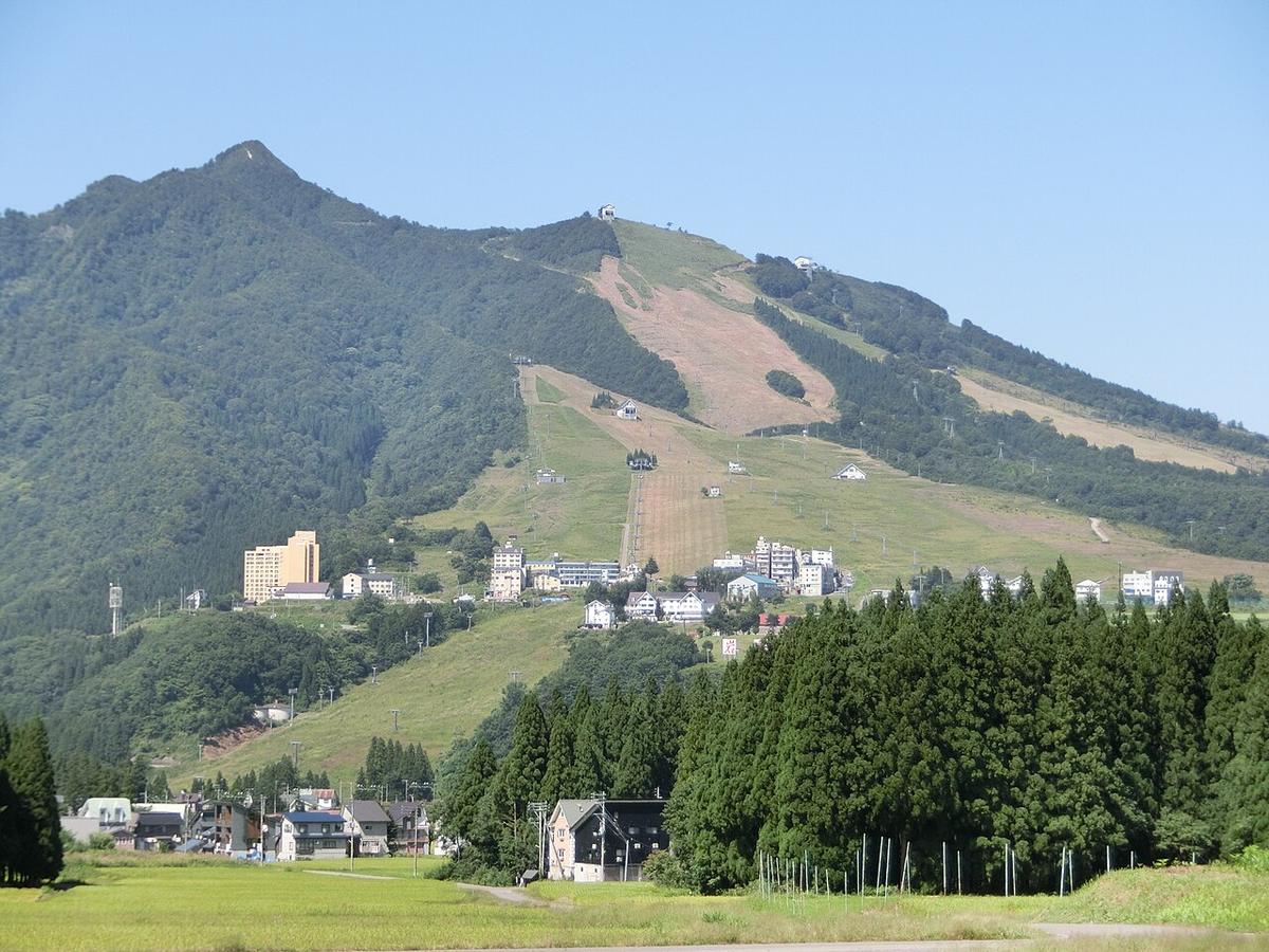 9 月從南邊田地望向岩原滑雪場與飯士山:左邊尖頂的是飯士山,右側山肩上一大片沒有樹的草坡從山頂一路延伸到山腳,坡上立著一列列纜車支柱,山腳是旅館與公寓群,前景是稻田和杉木林