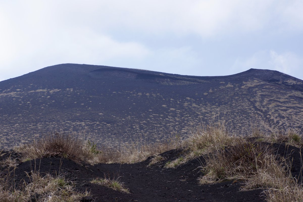 三原山東側一面幾乎全黑的火山砂斜面，上面零星散著一叢叢枯黃的草，前景是黑砂上被踩出來的小路與兩側的枯草，天空是陰天的灰白色
